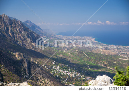 Kyrenia Girne mountains and town from medieval castle, Northern Cyprus 83554358