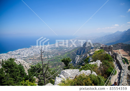 Kyrenia Girne mountains and town from medieval castle, Northern Cyprus 83554359