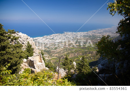 Kyrenia Girne mountains and town from medieval castle, Northern Cyprus 83554361