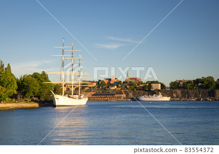 White ship yacht boat hostel on Lake Malaren, Stockholm, Sweden 83554372