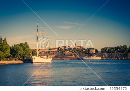 White ship yacht boat hostel on Lake Malaren, Stockholm, Sweden 83554373
