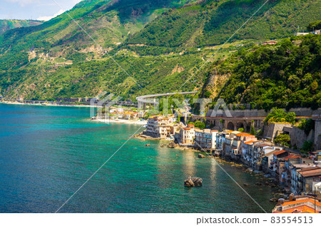 Aerial top view of small fishing village Chianalea di Scilla, Italy Aerial top view of small fishing village Chianalea di Scilla, Italy 83554513