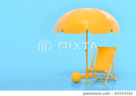 Beach chair with umbrella and beach ball on monochrome blue background. 3D render of summer vacation concept 83554593