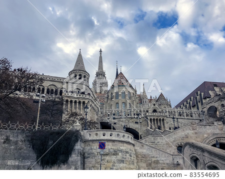 Towers and steps on Buda hill in Budapest. Fishing bastion Towers and steps on Buda hill in Budapest. Fishing bastion 83554695