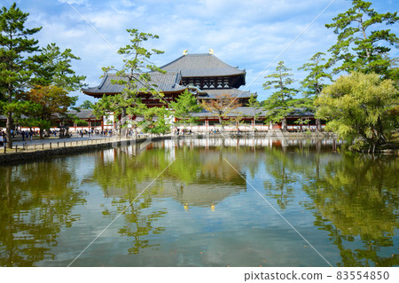 照耀東大寺大佛殿和鏡池的風景 83554850