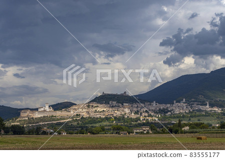 Panoramic view of Assisi old town, Province of Perugia, Umbria region, Italy 83555177