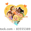 Group of multicultural children tear up the space in the shape of a heart. Children look through a hole in the shape of a heart and wave their hands. Funny cartoon character. Vector illustration 83555389