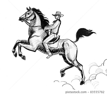 Cowboy riding a horse. Ink black and white drawing 83555782