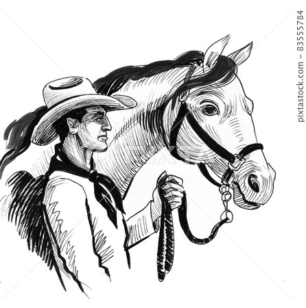 Cowboy with his horse. Ink black and white drawing 83555784