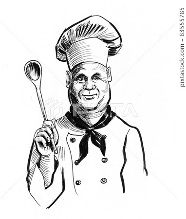 restaurant chef with a big spoon. Ink black and white drawing 83555785