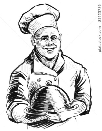 Restaurant chef with a meal. Ink black and white drawing Restaurant chef with a meal. Ink black and white drawing 83555786