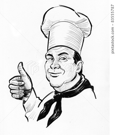Restaurant chef showing okay sign. Ink black and white drawing Restaurant chef showing okay sign. Ink black and white drawing 83555787