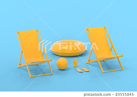 Beach chair with inflatable ring and beach ball on monochrome blue background. 3D render of summer vacation concept Beach chair with inflatable ring and beach ball on monochrome blue background. 3D render of summer vacation concept 83555843