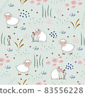 Seamless pattern with cute sheep, rainbow, clouds on lawn. 83556228