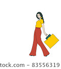 Happy girl goes with purchases. Illustration 83556319