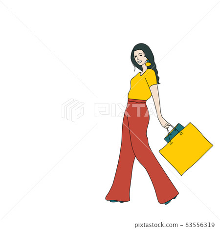 Happy girl goes with purchases. Illustration 83556319