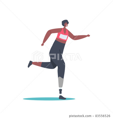 African Sportswoman Character Run Marathon, Amputee Girl Training, Athlete with Leg Prosthesis, Disabled Woman Exercise 83556526