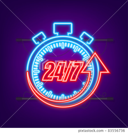 24-7 service concept. 24-7 open. Neon icon. Support service icon. Vector stock illustration 24-7 service concept. 24-7 open. Neon icon. Support service icon. Vector stock illustration 83556736