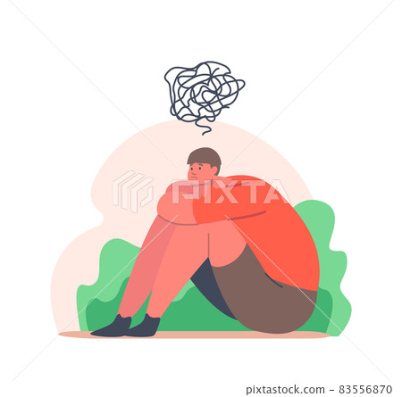 Teenager Depression, Problems, Depressed Unhappy Boy Sit on Floor with Tangled Thoughts in Head. Kid Character need Help 83556870