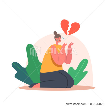Depressed Heartbroken Teen Girl Sitting on Floor with Pieces of Red Broken Heart and Crying. End of Love and Relations 83556873