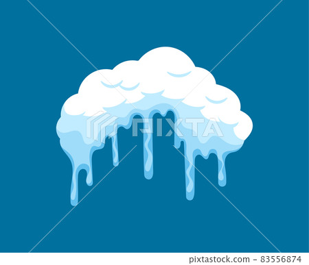 Snow Cap in Shape of Roof Corner with Long Icicles Isolated on Blue Background. Single Object for Winter Christmas Decor Snow Cap in Shape of Roof Corner with Long Icicles Isolated on Blue Background. Single Object for Winter Christmas Decor 83556874