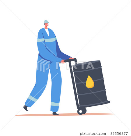 Industrial Employee in Uniform Push Wheelbarrow with Oil Barrel. Male Character Work on Oil or Gas Extraction Industry Industrial Employee in Uniform Push Wheelbarrow with Oil Barrel. Male Character Work on Oil or Gas Extraction Industry 83556877