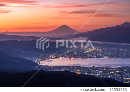 《Nagano Prefecture》 Dawn of Mt. Fuji and Lake Suwa / Takabotchi Plateau 《Nagano Prefecture》 Dawn of Mt. Fuji and Lake Suwa / Takabotchi Plateau 83558083