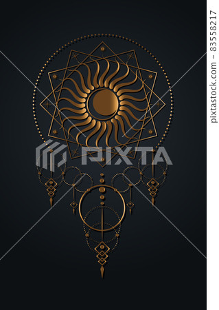 Moon and Sun logo template, Sacred Geometry, boho style, Gold Wicca icon, radial rays symbol, concept of God and Goddess tattoo style, Masonic symbology, vector isolated on black background Moon and Sun logo template, Sacred Geometry, boho style, Gold Wicca icon, radial rays symbol, concept of God and Goddess tattoo style, Masonic symbology, vector isolated on black background 83558217