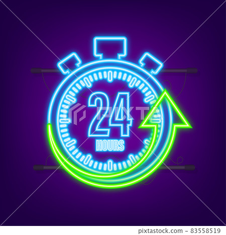 24 hours clock arrow. Neon icon. Work time effect or delivery service time. Vector stock illustration 83558519
