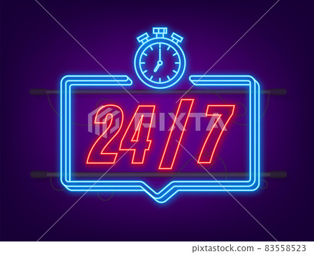 24-7 service concept. 24-7 open. Neon icon. Support service icon. Vector stock illustration 24-7 service concept. 24-7 open. Neon icon. Support service icon. Vector stock illustration 83558523