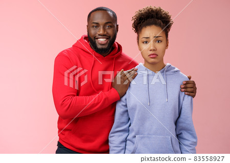 Girl unwilling participate event feel nervous insecure boyfriend encouraging hugging boost confidense assuring everything alright smiling self-assured promise everything be okay, pink background Girl unwilling participate event feel nervous insecure boyfriend encouraging hugging boost confidense assuring everything alright smiling self-assured promise everything be okay, pink background 83558927
