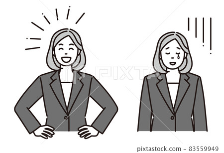 Monochrome illustration of a happy or depressed business woman 2 pose set 83559949
