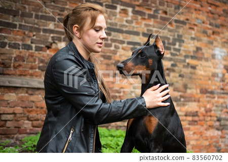 A girl in leather, with a Doberman, in an old yard. A girl in leather, with a Doberman, in an old yard. 83560702