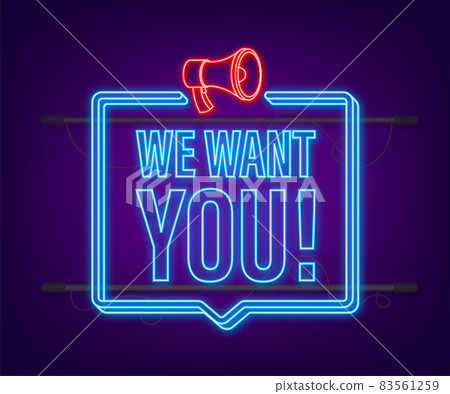 Megaphone with We want your feedback. Megaphone banner. Web design. Neon icon. Vector stock illustration 83561259