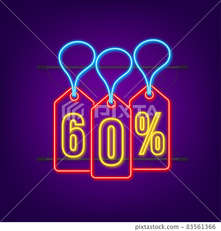 60 percent OFF Sale Discount neon tag. Discount offer price tag. 60 percent discount promotion flat icon with long shadow. Vector illustration 60 percent OFF Sale Discount neon tag. Discount offer price tag. 60 percent discount promotion flat icon with long shadow. Vector illustration 83561366