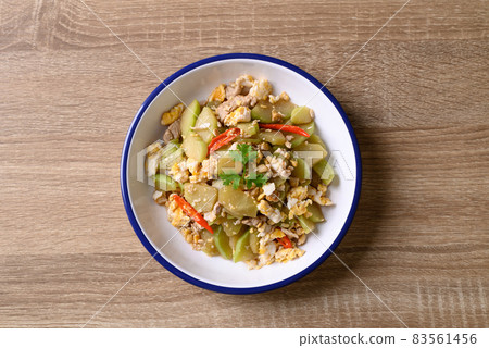 Northern Thai food, Stir fried chayote squash with egg and pork, Local Thai food, Table top view Northern Thai food, Stir fried chayote squash with egg and pork, Local Thai food, Table top view 83561456