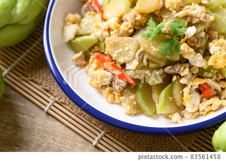 Northern Thai food, Stir fried chayote squash with egg and pork, Local Thai food 83561458