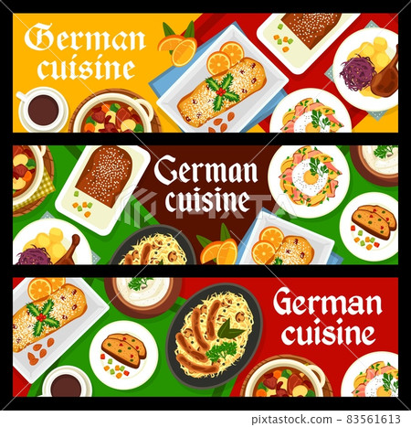German restaurant meals banners. Christmas Stollen, white sausages Weisswurst and fried cheese potato, bread with dried fruits, roast goose and beef goulash with bell peppers, sauerkraut with sausages German restaurant meals banners. Christmas Stollen, white sausages Weisswurst and fried cheese potato, bread with dried fruits, roast goose and beef goulash with bell peppers, sauerkraut with sausages 83561613