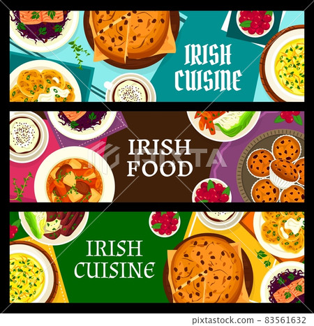 Irish cuisine vector banners cowberry cupcakes, potato pancake boxty, fish soup and soda bread with raisins. Vegetable lamb stew, black pudding and red cabbage salad with salmon meals of Ireland Irish cuisine vector banners cowberry cupcakes, potato pancake boxty, fish soup and soda bread with raisins. Vegetable lamb stew, black pudding and red cabbage salad with salmon meals of Ireland 83561632