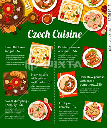 Czech cuisine menu. Sweet dumplings Knedliky, fried flatbread Langos and pickled sausage Utopenci, fruit pie Kolache, pork stew goulash with bread dumplings and Steak Tartare with sauces and toasts 83561645