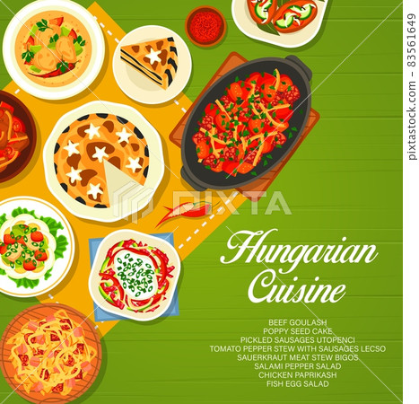 Hungarian cuisine menu cover. Fish egg salad, tomato pepper Lecso stew with sausages and beef goulash, sausages utopenci, meat stew Bigos and poppy seed cake, chicken Paprikash, salami pepper salad Hungarian cuisine menu cover. Fish egg salad, tomato pepper Lecso stew with sausages and beef goulash, sausages utopenci, meat stew Bigos and poppy seed cake, chicken Paprikash, salami pepper salad 83561649