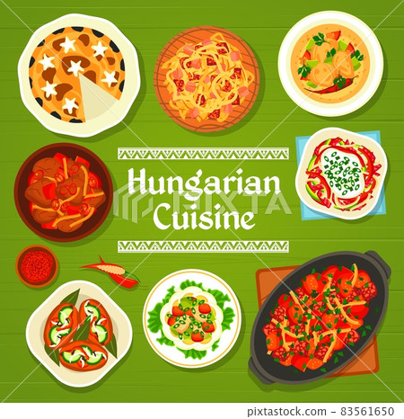 Hungarian cuisine menu cover. Poppy seed cake, Lecso stew with sausages and fish egg salad, beef goulash, salami pepper salad and pickled sausages utopenci, chicken Paprikash, sauerkraut stew Bigos 83561650