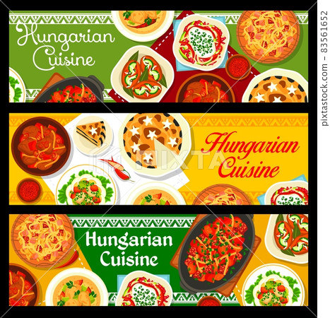 Hungarian cuisine banners. Poppy seed cake, salami pepper salad and chicken Paprikash, sauerkraut meat stew Bigos, pickled sausages utopenci and fish egg salad, beef goulash, Lecso stew with sausages Hungarian cuisine banners. Poppy seed cake, salami pepper salad and chicken Paprikash, sauerkraut meat stew Bigos, pickled sausages utopenci and fish egg salad, beef goulash, Lecso stew with sausages 83561652