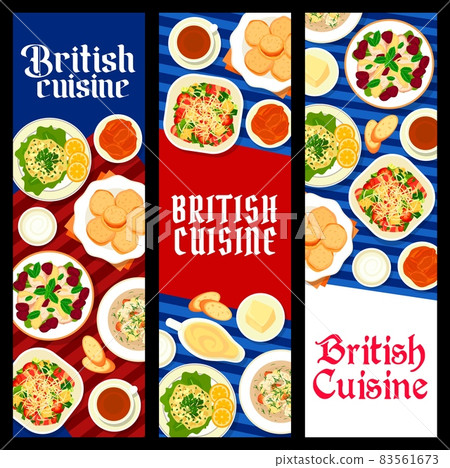 British cuisine restaurant meals banners. Vegetable bacon salad with croutons, scones and Irish fish soup, trout pate, clotted cream with jam and cheese toast, cucumber sandwich, chicken cherry salad British cuisine restaurant meals banners. Vegetable bacon salad with croutons, scones and Irish fish soup, trout pate, clotted cream with jam and cheese toast, cucumber sandwich, chicken cherry salad 83561673