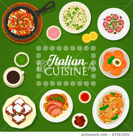 Italian cuisine vector menu cover with pasta, meat and vegetable dishes frame border. Rice arancini, gnocchi, paccheri and fagottini pasta with cheese, pesto and gremolata sauce, panforte and coffee 83561692