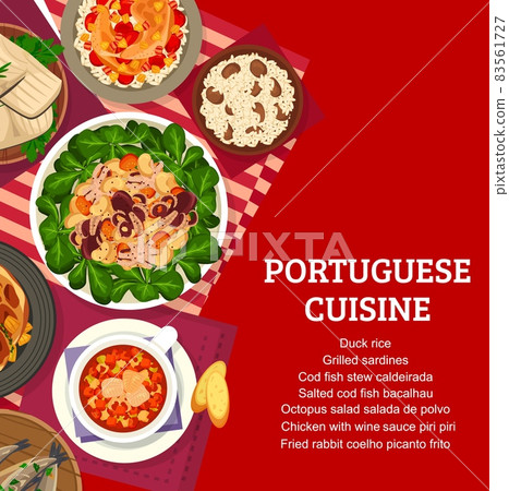 Portuguese cuisine restaurant seafood, meat meals menu cover. Fried rabbit coelho picanto frito, fish stew and cod Bacalhau, octopus salad, chicken with Piri Piri sauce and sardines, duck rice vector 83561727
