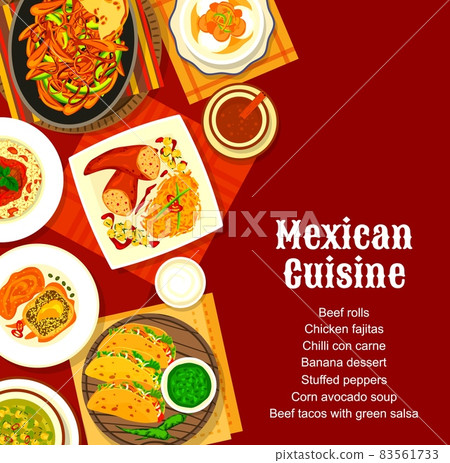 Mexican cuisine menu cover with vector spice food of vegetable and meat dishes. Taco with salsa sauce, stuffed peppers and chilli con carne, chicken fajitas, corn avocado soup and chorizo pasta 83561733