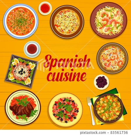 Spanish cuisine menu vector cover with frame of seafood, vegetable and meat dishes. Rice and pasta paella, extremadura beef steak, potato and tuna salads, sausage soup and veggie ham stew 83561736