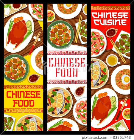 Chinese cuisine vector banners kung pao shrimps, fried noodles with egg and pork liver and green beans reba nira. Steamed mackerel fish with ginger, peking duck and tofu rice with peanuts China dishes 83561748