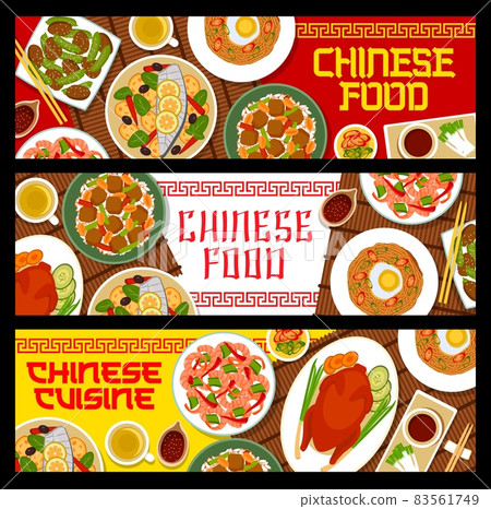 Chinese cuisine vector banners steamed mackerel fish with ginger, peking duck or kung pao shrimps. Fried noodles with egg, tofu rice with peanuts pork liver and green beans reba nira meals of China 83561749